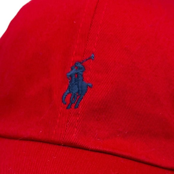 Polo Ralph Lauren Red Cotton Young Mens Chino Adjustable Ball Cap Hat Navy Pony - Picture 2 of 5